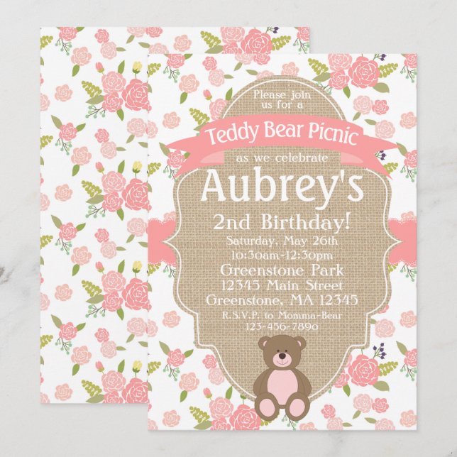 Teddy Bear Picnic Birthday Party Invitation (Front/Back)