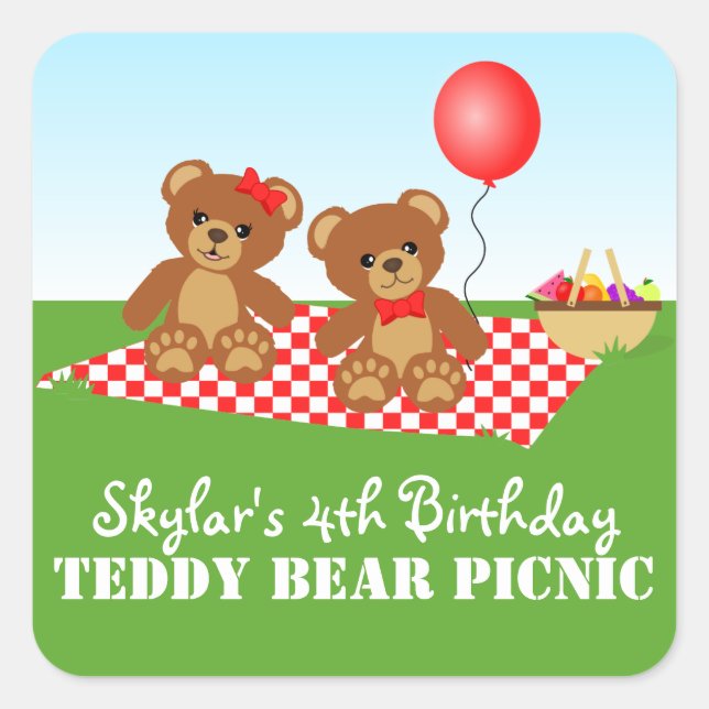 Teddy Bear Picnic Birthday Party Square Sticker (Front)