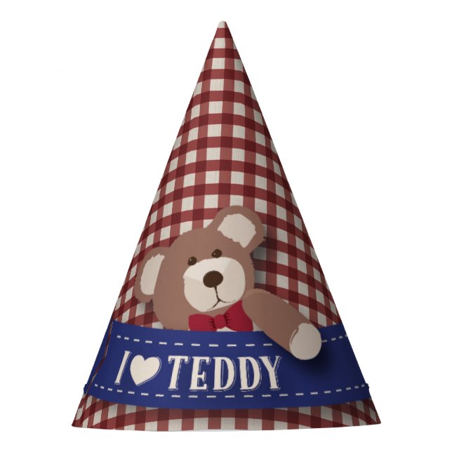 Teddy Bear Picnic Birthday -Red Gingham Party Hat (Front)