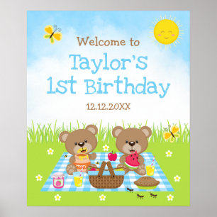 Teddy Bear Picnic Blue Birthday Welcome Sign