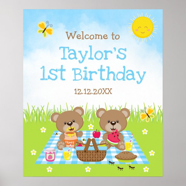 Teddy Bear Picnic Blue Birthday Welcome Sign (Front)