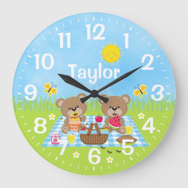Teddy Bear Picnic Blue Large Clock (Front)