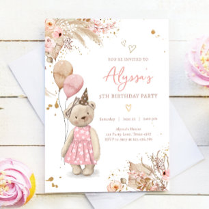 Teddy Bear Picnic Boho Pink Girl Birthday Party Invitation