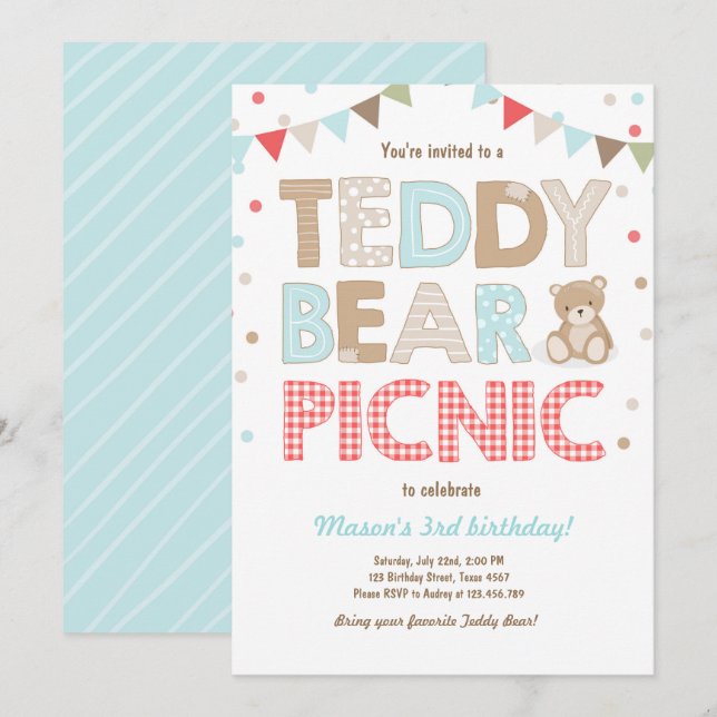 Teddy Bear Picnic Boy birthday Invitation Blue (Front/Back)