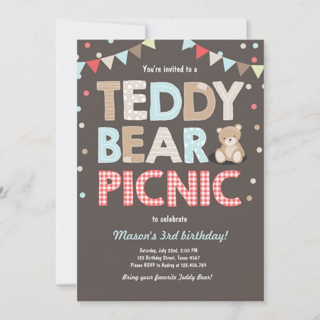 Teddy Bear Picnic Boy birthday Invitation Blue (Front)