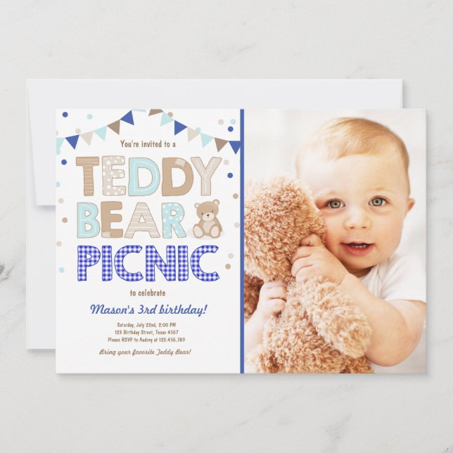 Teddy Bear Picnic Boy birthday Invitation Blue ct (Front)