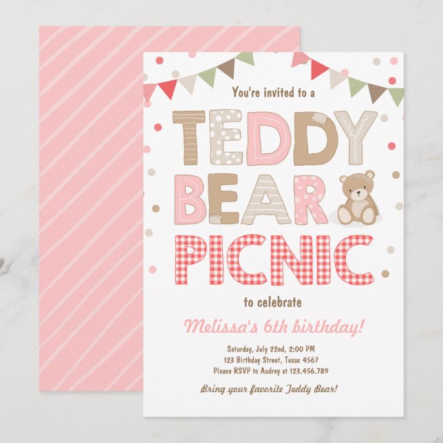 Teddy Bear Picnic Girl birthday Invitation Pink (Front/Back)