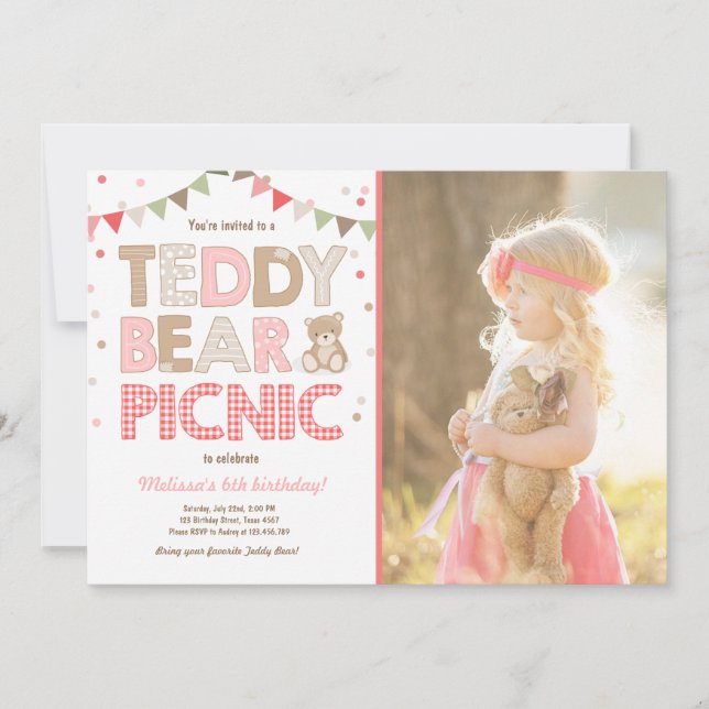 Teddy Bear Picnic Girl birthday Invitation Pink (Front)
