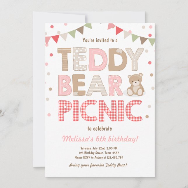 Teddy Bear Picnic Girl birthday Invitation Pink (Front)