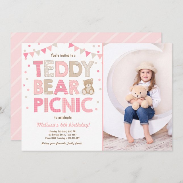 Teddy Bear Picnic Girl birthday Invitation Pink (Front/Back)