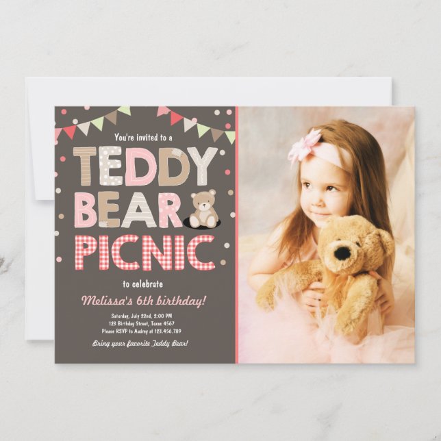 Teddy Bear Picnic Girl birthday Invitation Pink (Front)