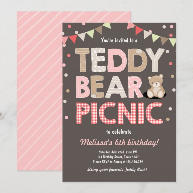 Teddy Bear Picnic Girl birthday Invitation Pink (Front/Back)