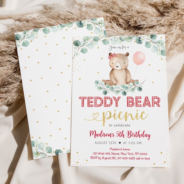 Teddy Bear Picnic Greenery Girl Birthday Invitation (Creator Uploaded)