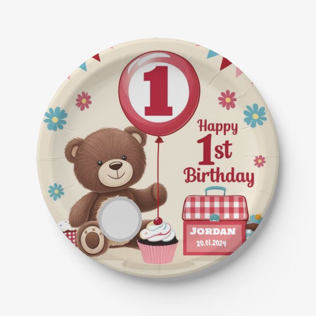 Teddy Bear Picnic Happy 1st Birthday Paper Plate   (Front)