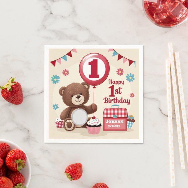 Teddy Bear Picnic Happy 1st Birthday Paper Plate   Napkin (Insitu)