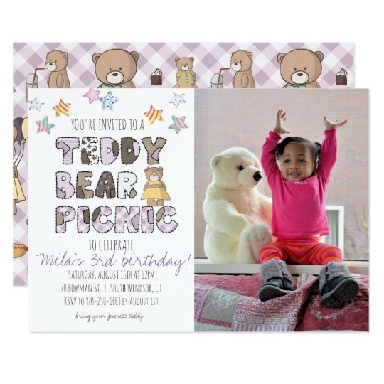 Teddy Bear Picnic Party Invitation - Purple