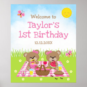 Teddy Bear Picnic Pink Birthday Welcome Sign