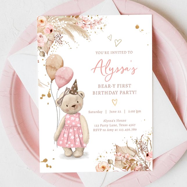 Teddy Bear Picnic Pink Girl First Birthday Party Invitation (Creator Uploaded)