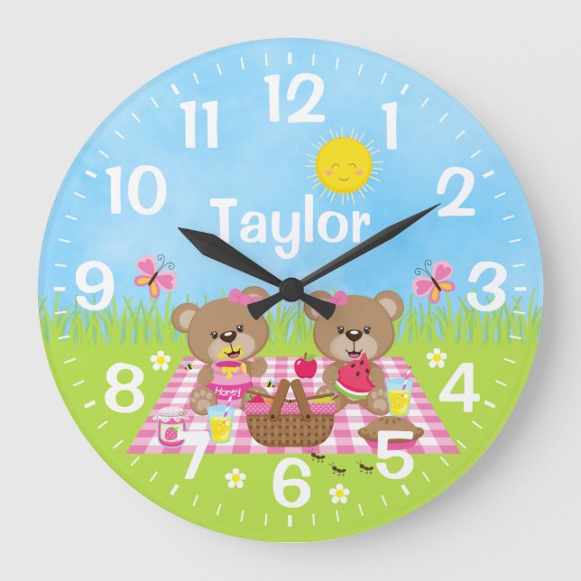 Teddy Bear Picnic Pink Large Clock (Front)
