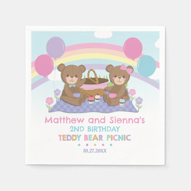 Teddy Bear Picnic Rainbow Twins Boy Girl Birthday Napkin (Front)