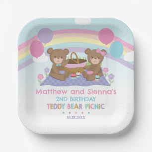 Teddy Bear Picnic Rainbow Twins Boy Girl Birthday Paper Plate