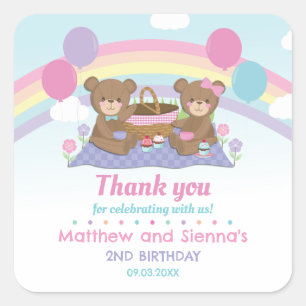 Teddy Bear Picnic Rainbow Twins Boy Girl Birthday Square Sticker