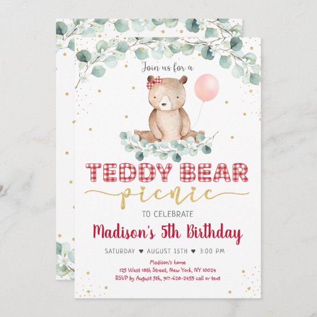 Teddy Bear Picnic Red Gold Greenery Birthday Invitation (Front/Back)
