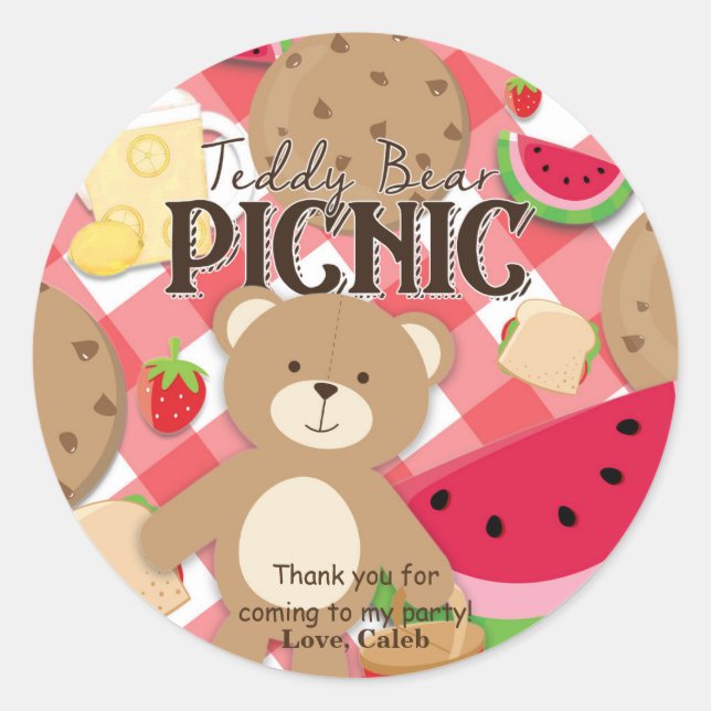 Teddy Bear Picnic Summer Birthday Party Favour Classic Round Sticker (Front)