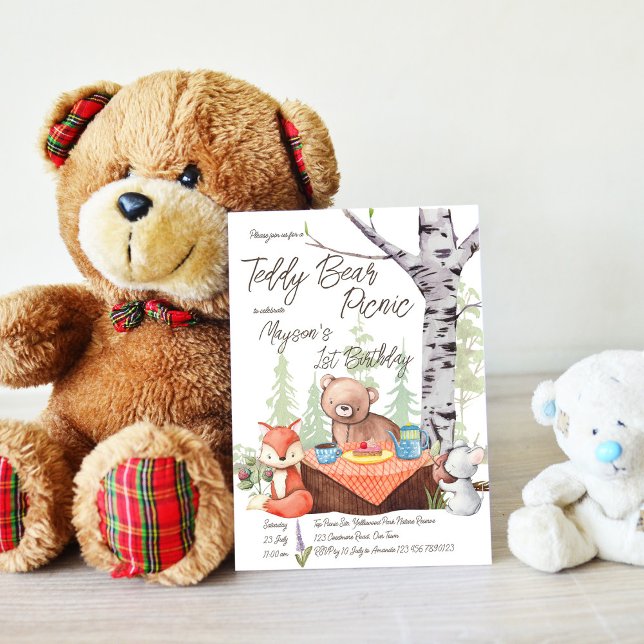 Teddy bear picnic woodlands animals birthday party invitation (Creator Uploaded)