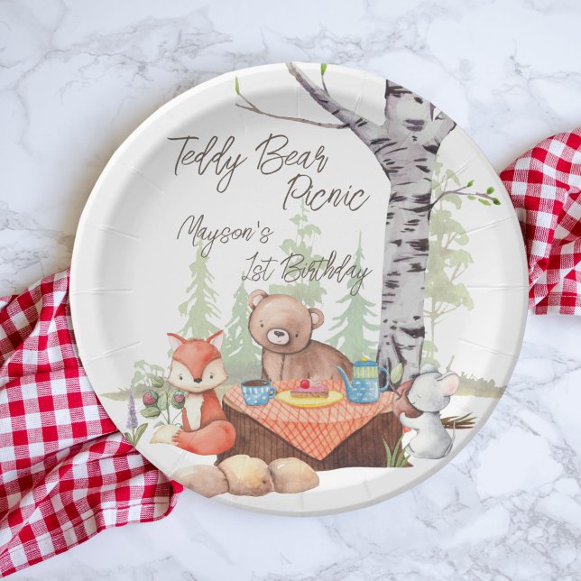 Teddy bear picnic woodlands animals birthday party paper plate (Creator Uploaded)
