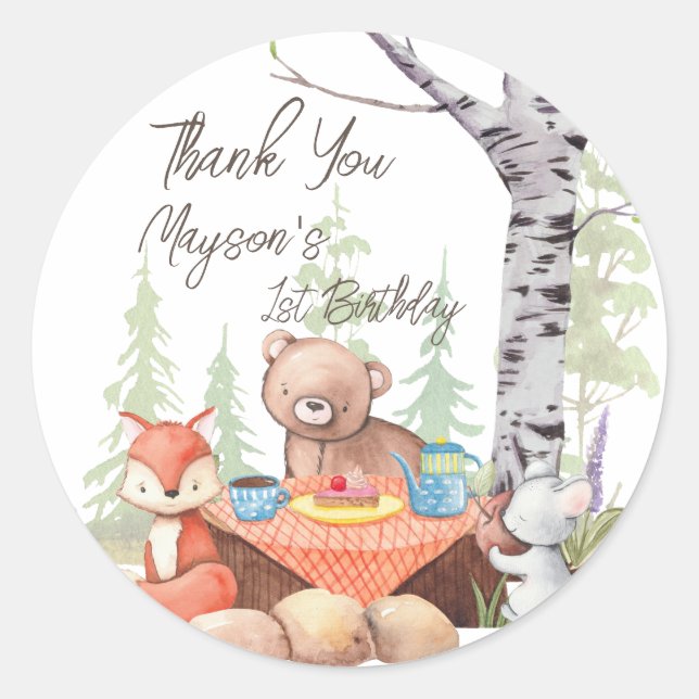 Teddy bear picnic woodlands forest animals custom classic round sticker (Front)