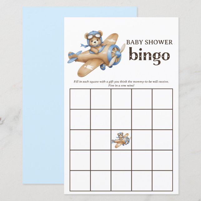 Teddy Bear Pilot Baby Boy Shower Bingo Game (Front/Back)
