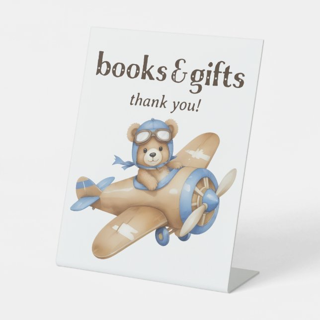 Teddy Bear Pilot Baby Boy Shower Books and Gifts Pedestal Sign (Front)