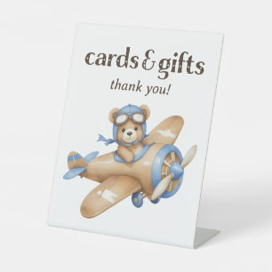 Teddy Bear Pilot Baby Boy Shower Cards and Gifts Pedestal Sign