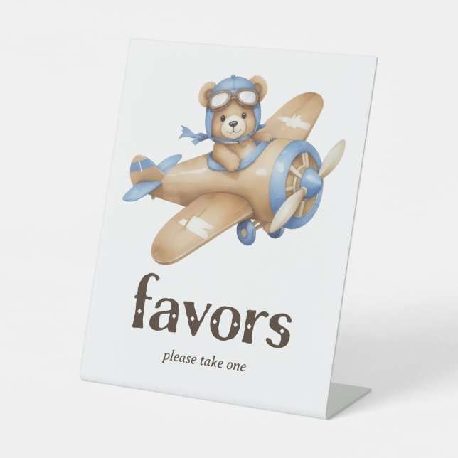 Teddy Bear Pilot Baby Boy Shower Favours Pedestal Sign (Front)