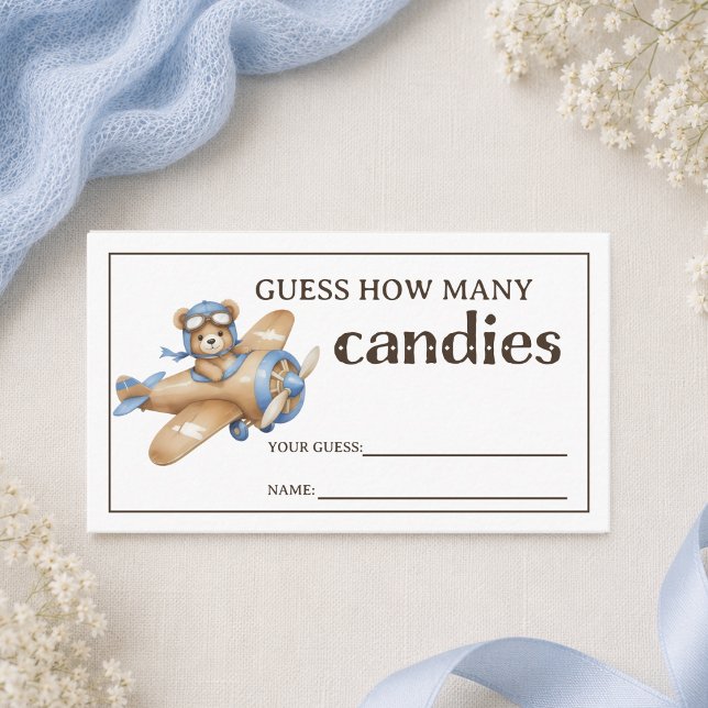 Teddy Bear Pilot Baby Boy Shower Guessing Game Enclosure Card (cute elegant guess how many candies game teddy bear pilot baby boy shower enclosure card)