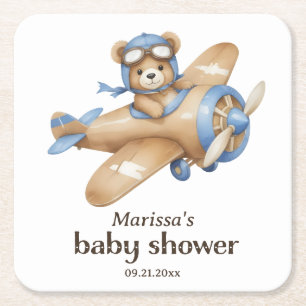 Teddy Bear Pilot Baby Boy Shower Paper Coaster