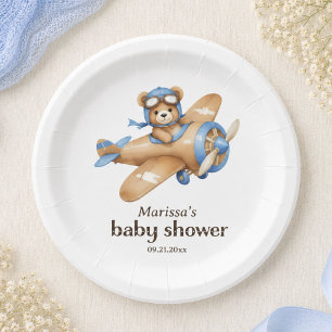 Teddy Bear Pilot Baby Boy Shower Paper Plate