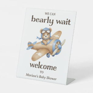 Teddy Bear Pilot Baby Boy Shower Welcome Pedestal Sign