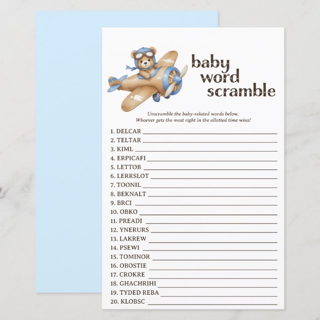 Teddy Bear Pilot Baby Shower Word Scramble Game (Front/Back)