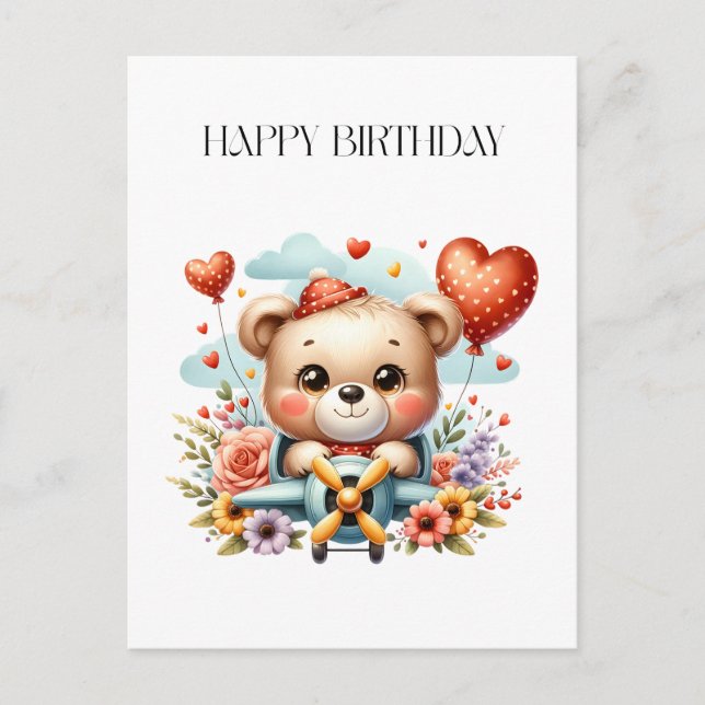 Teddy Bear Pilot Birthday Invitation Postcard (Front)