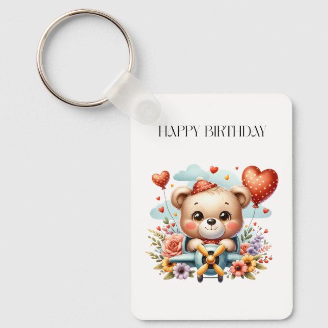Teddy Bear Pilot Birthday Key Ring (Front)