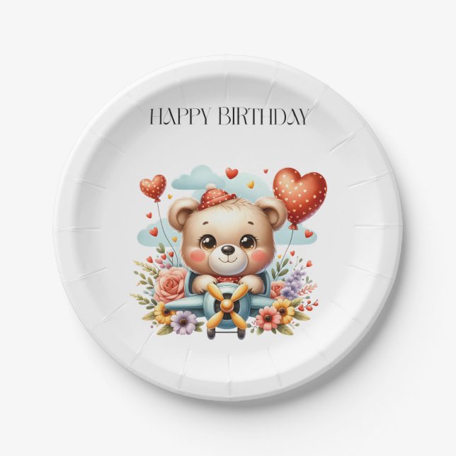 Teddy Bear Pilot Birthday Paper Plate (Front)