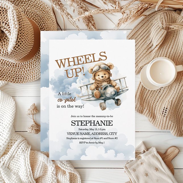 Teddy Bear Pilot on His Way Baby Boy Invitation (Teddy bear and airplane baby boy baby shower invitation)