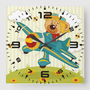 Teddy Bear Pilot Square Wall Clock