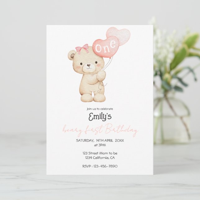 Teddy Bear pink 1st Birthday Party for Baby Girl Invitation (Standing Front)