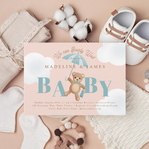 Teddy Bear Pink and Blue Bearly Wait Baby Shower Invitation