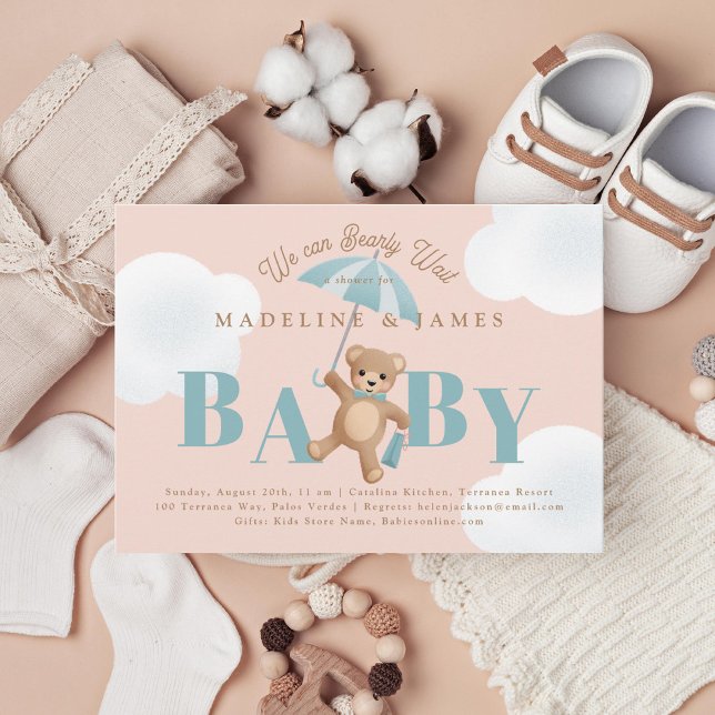 Teddy Bear Pink and Blue Bearly Wait Baby Shower Invitation (Creator Uploaded)