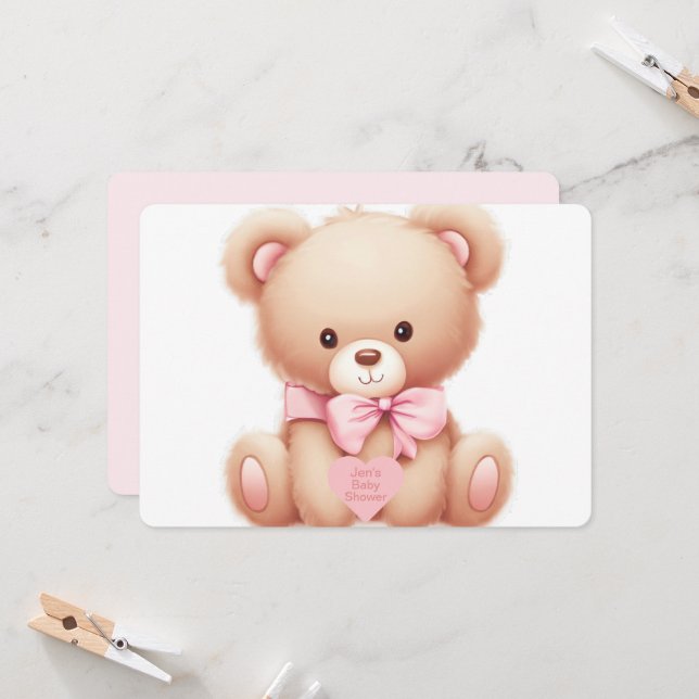 Teddy Bear Pink Baby Girl Shower Invitation (Front/Back In Situ)