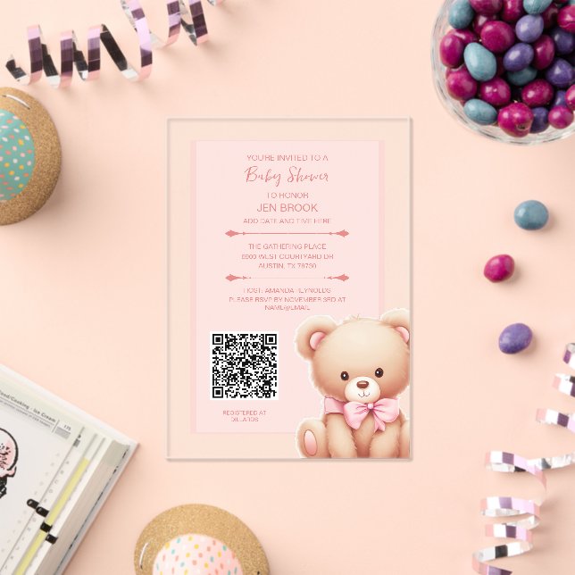 Teddy Bear Pink Baby Shower Acrylic Invitation (Insitu (Celebration))